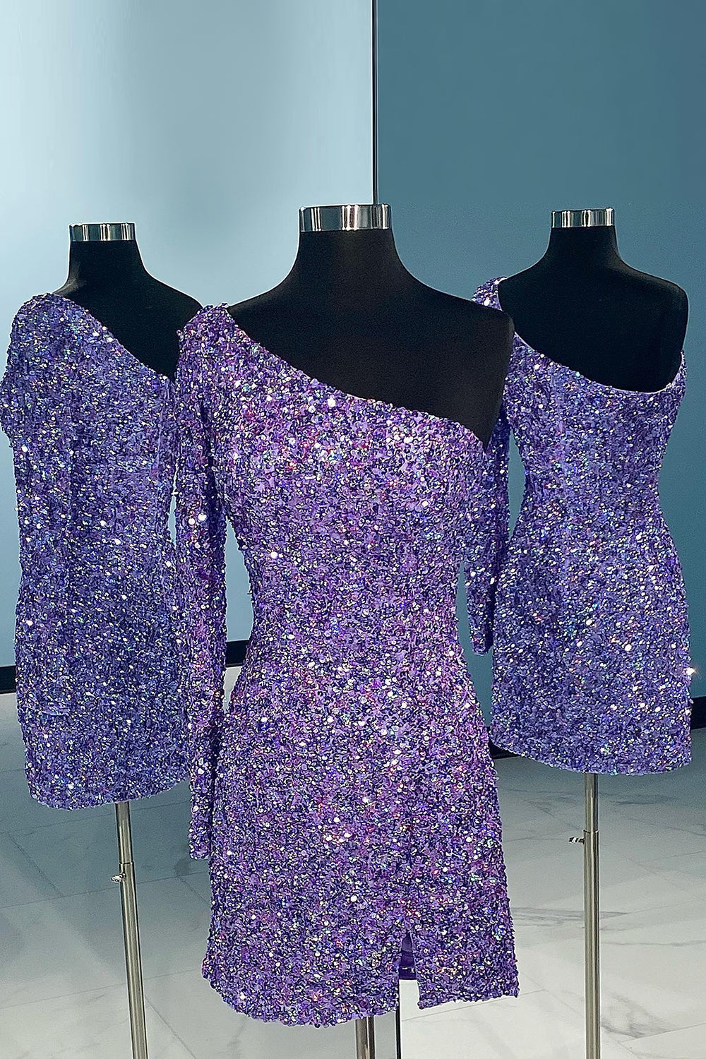 Pink Homecoming Dresses One Shoulder One Sleeve Sequin Tight Short Cocktail Dresses