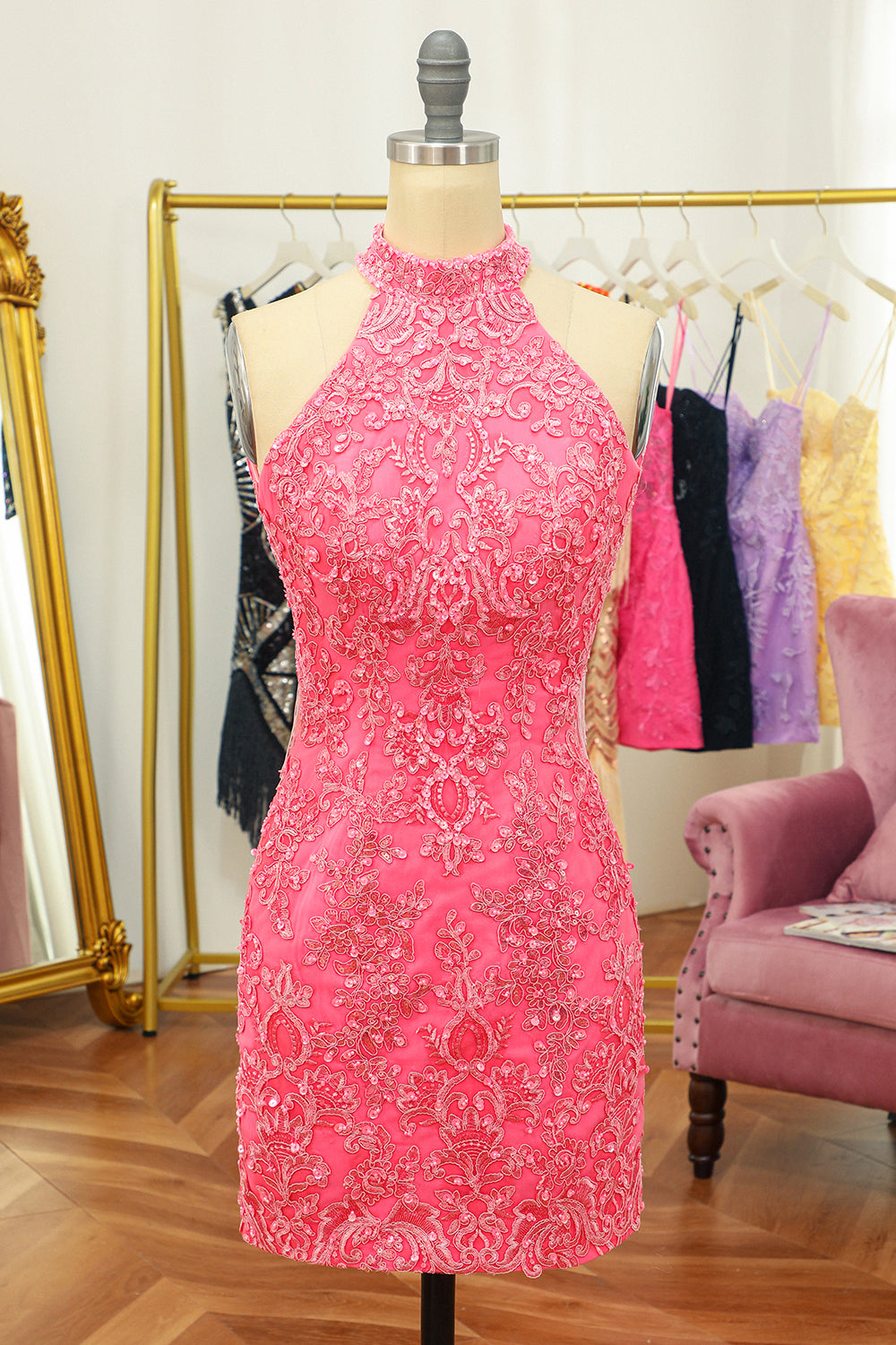 Pink Homecoming Dresses Open Back Halter Lace Tight Cocktail Dresses