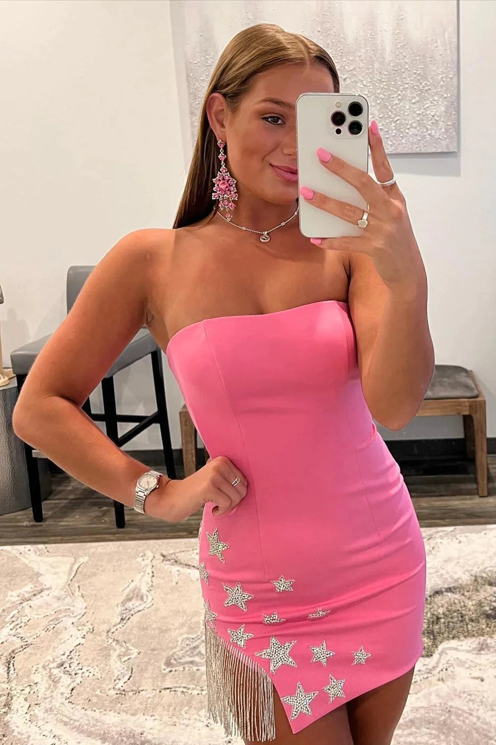 Pink Homecoming Dresses Tight Cocktail Dresses with Star and Fringes
