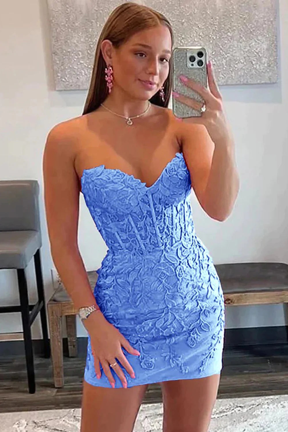Pink Homecoming Dresses Tight Short Cocktail Dresses with Appliques