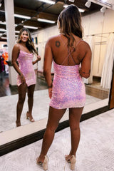 Pink Homecoming Dresses Tight Short Sequin Cocktail Dresses with Slit