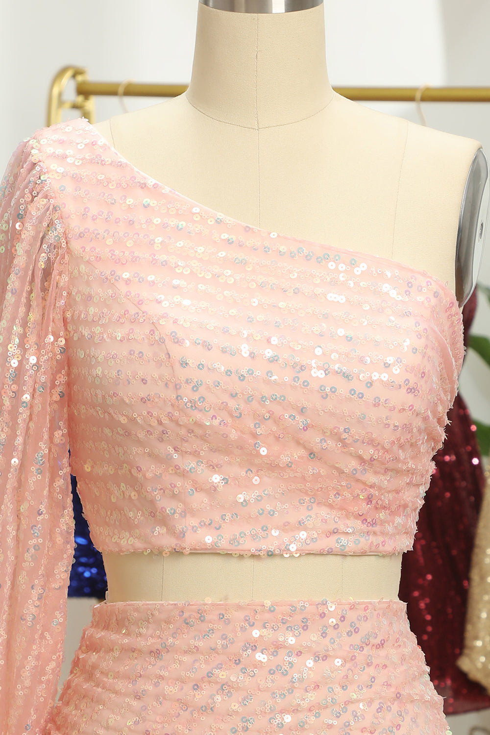 Pink Homecoming Dresses Two Piece Sequin Cocktail Dresses