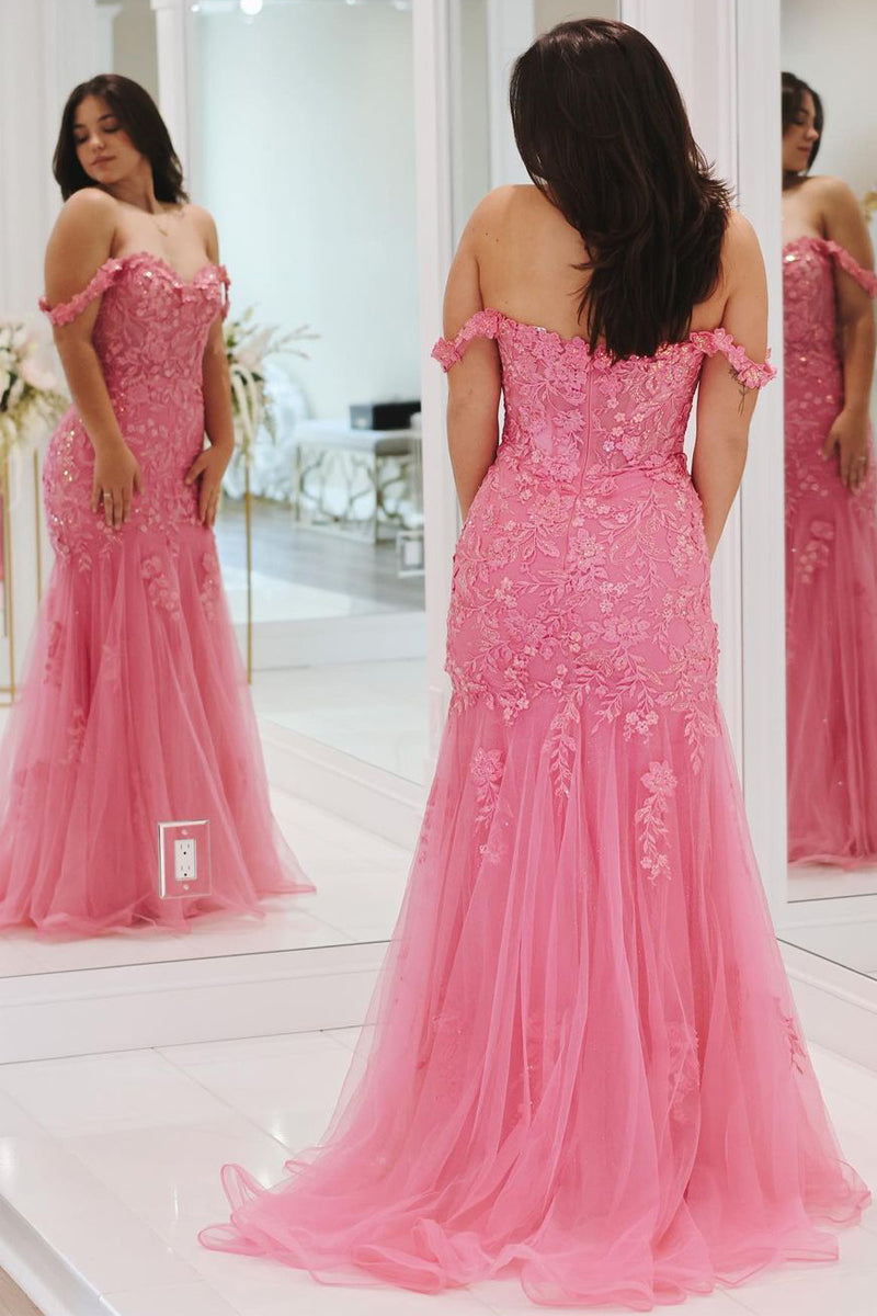 Pink Mermaid Off the Shoulder Tulle Long Elegant Evening Dress With Appliques