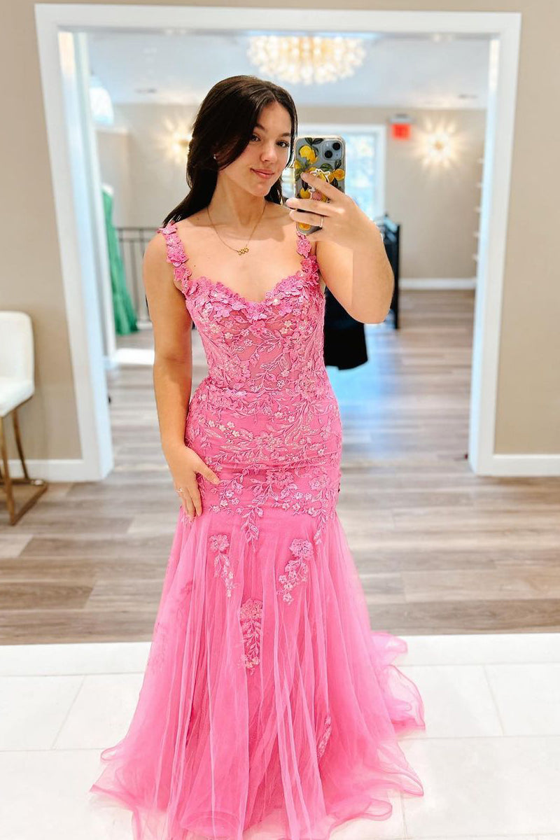 Pink Mermaid Off the Shoulder Tulle Long Elegant Evening Dress With Appliques