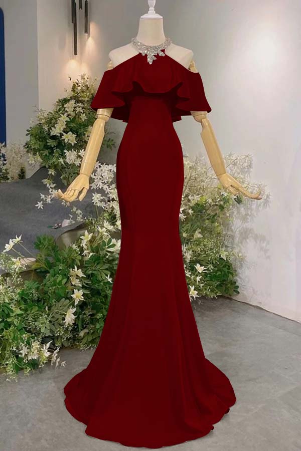 Pink Mermaid Prom Dress Cap Sleeve Halter Neck Formal Dress With Beadings and Rhinestones