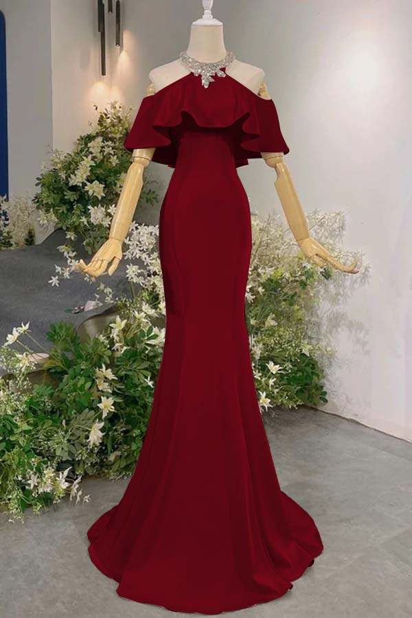 Pink Mermaid Prom Dress Cap Sleeve Halter Neck Formal Dress With Beadings and Rhinestones
