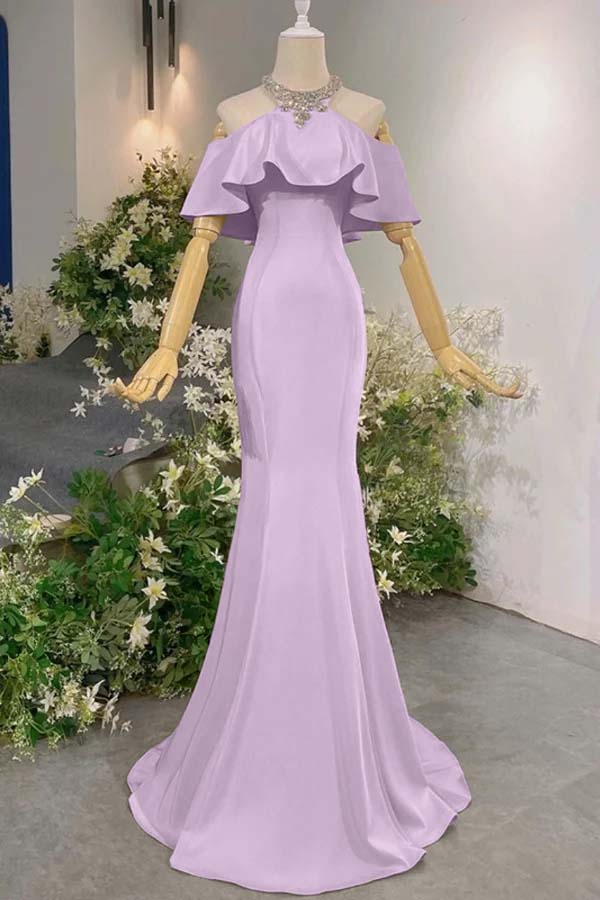 Pink Mermaid Prom Dress Cap Sleeve Halter Neck Formal Dress With Beadings and Rhinestones