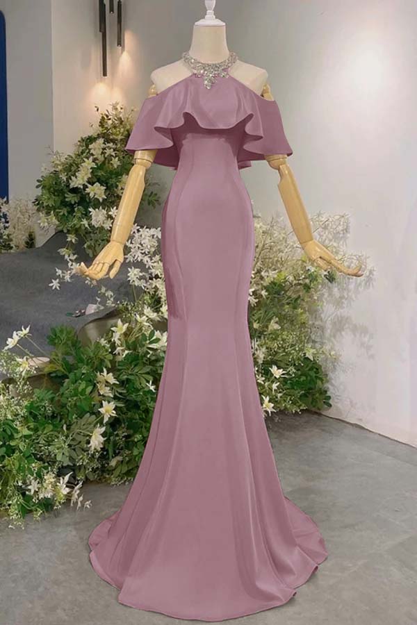 Pink Mermaid Prom Dress Cap Sleeve Halter Neck Formal Dress With Beadings and Rhinestones
