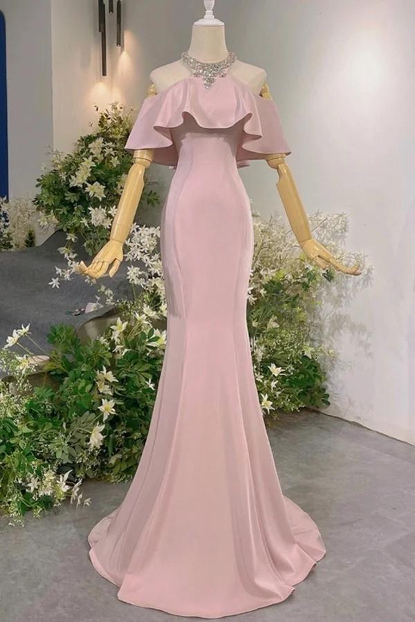 Pink Mermaid Prom Dress Cap Sleeve Halter Neck Formal Dress With Beadings and Rhinestones