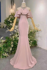 Pink Mermaid Prom Dress Cap Sleeve Halter Neck Formal Dress With Beadings and Rhinestones