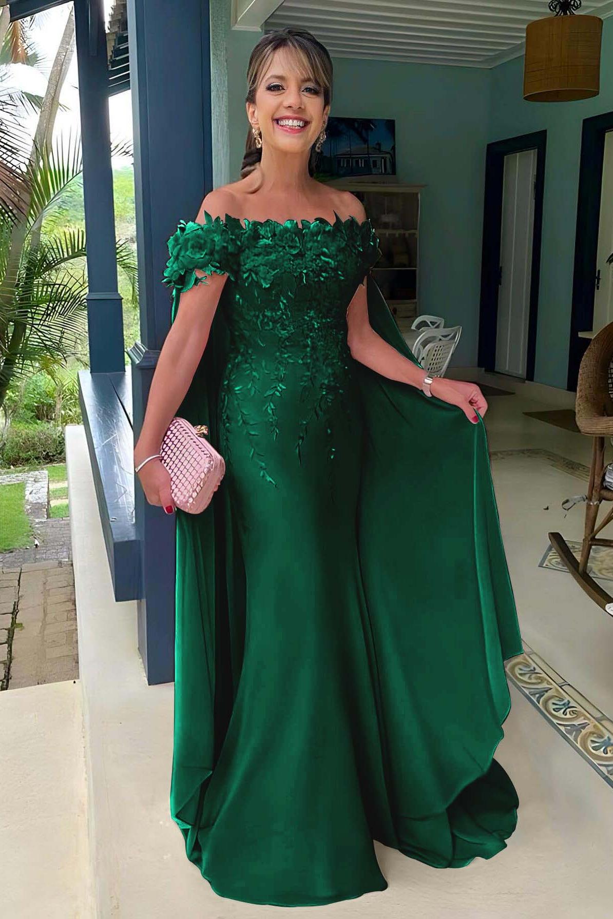 Pink Mermaid Prom Dress Cap Sleeve Off the Shoulder Formal Dress With 3D Flowers