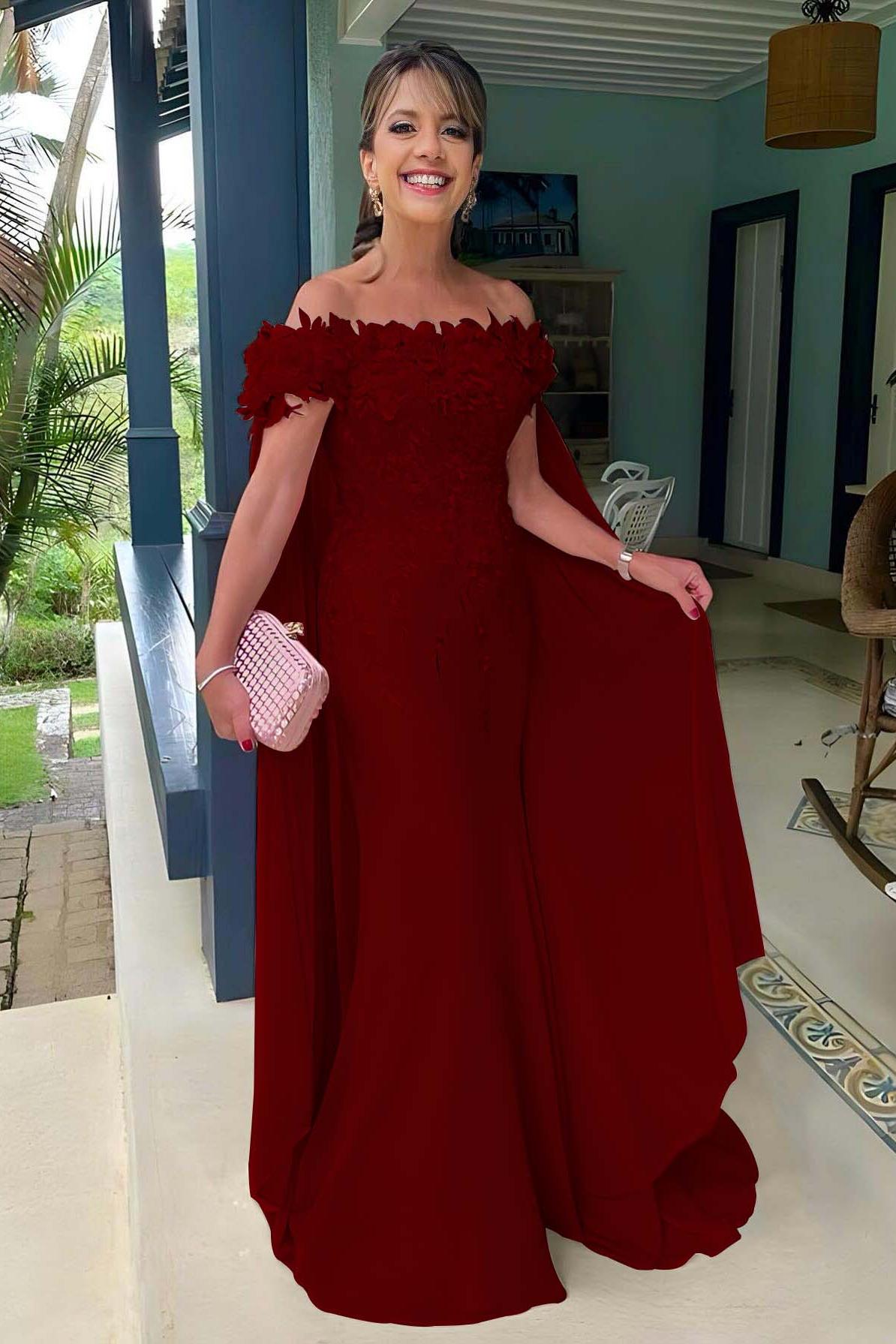 Pink Mermaid Prom Dress Cap Sleeve Off the Shoulder Formal Dress With 3D Flowers