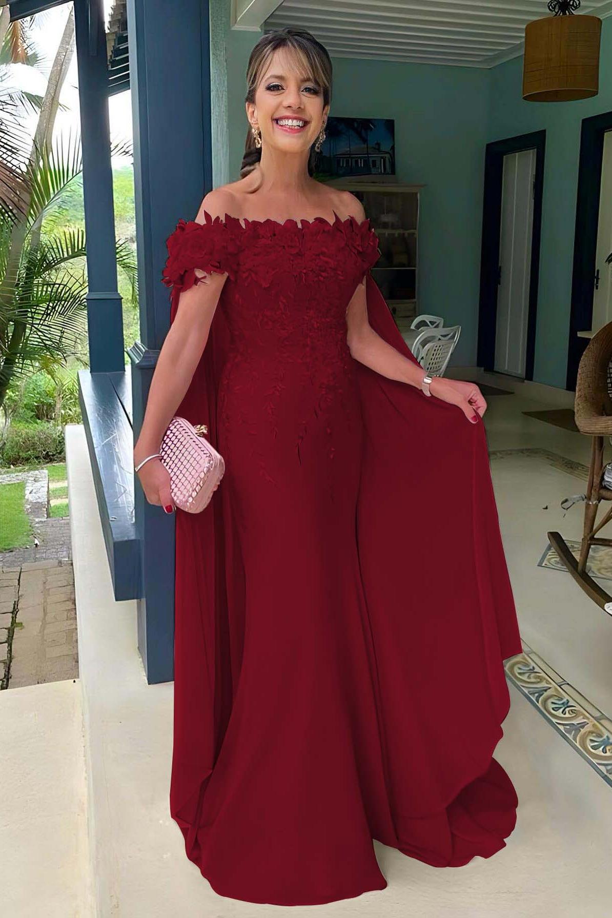 Pink Mermaid Prom Dress Cap Sleeve Off the Shoulder Formal Dress With 3D Flowers