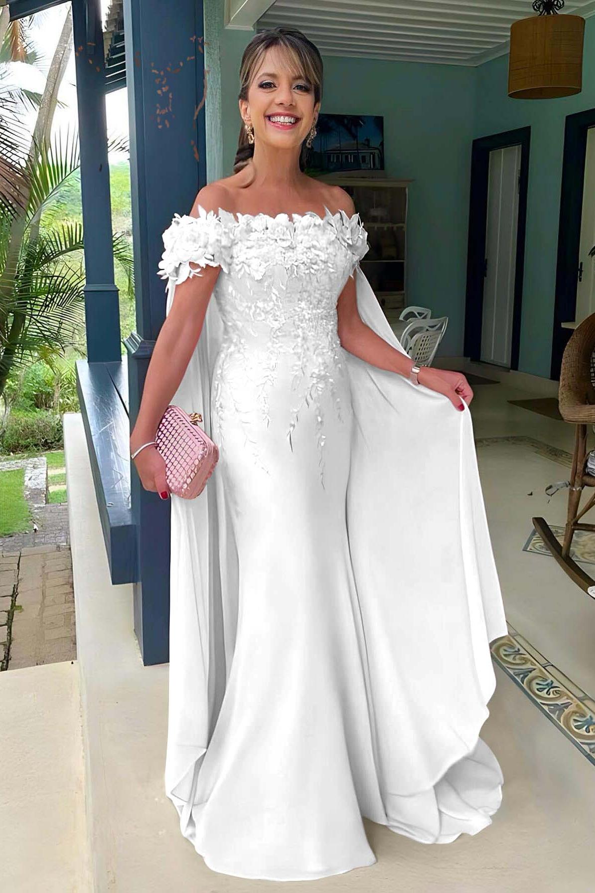 Pink Mermaid Prom Dress Cap Sleeve Off the Shoulder Formal Dress With 3D Flowers