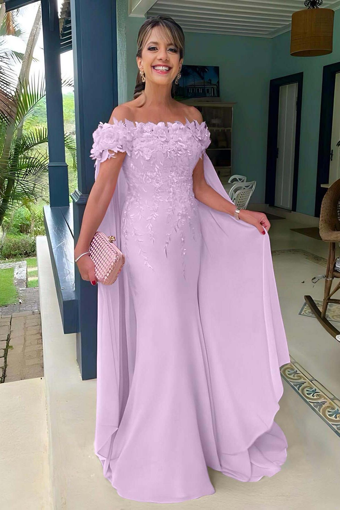 Pink Mermaid Prom Dress Cap Sleeve Off the Shoulder Formal Dress With 3D Flowers