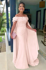 Pink Mermaid Prom Dress Cap Sleeve Off the Shoulder Formal Dress With 3D Flowers