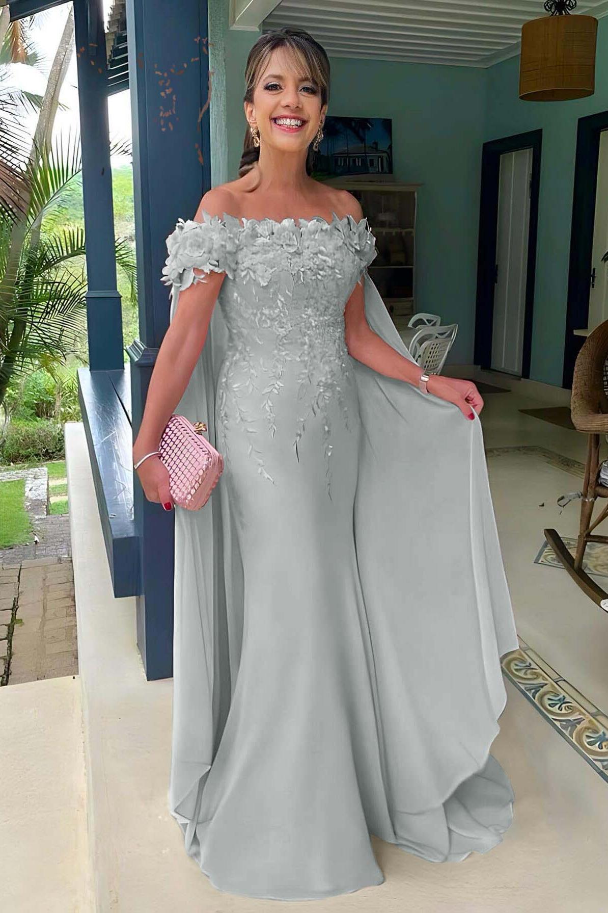 Pink Mermaid Prom Dress Cap Sleeve Off the Shoulder Formal Dress With 3D Flowers