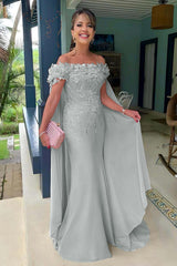 Pink Mermaid Prom Dress Cap Sleeve Off the Shoulder Formal Dress With 3D Flowers