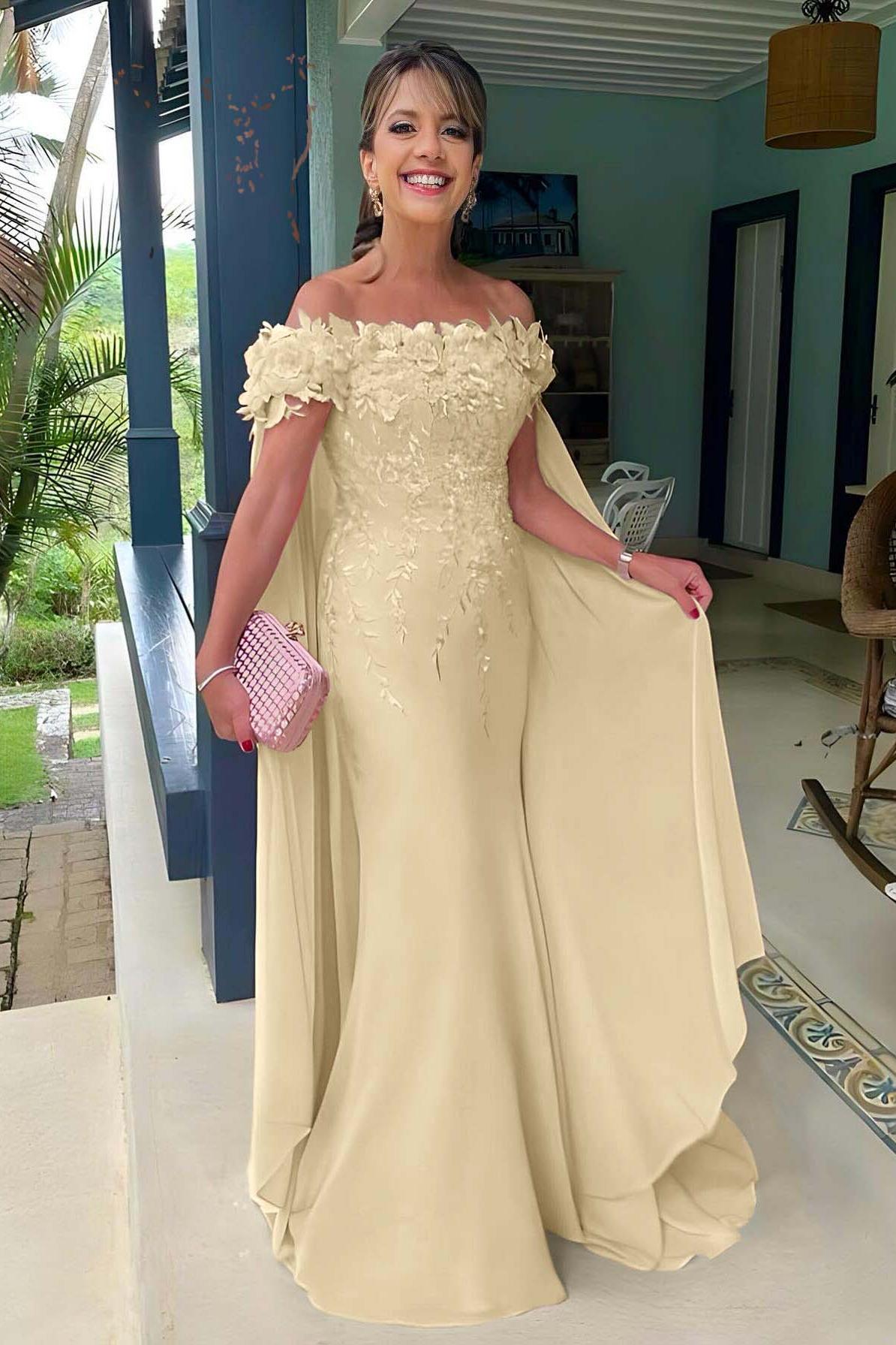 Pink Mermaid Prom Dress Cap Sleeve Off the Shoulder Formal Dress With 3D Flowers