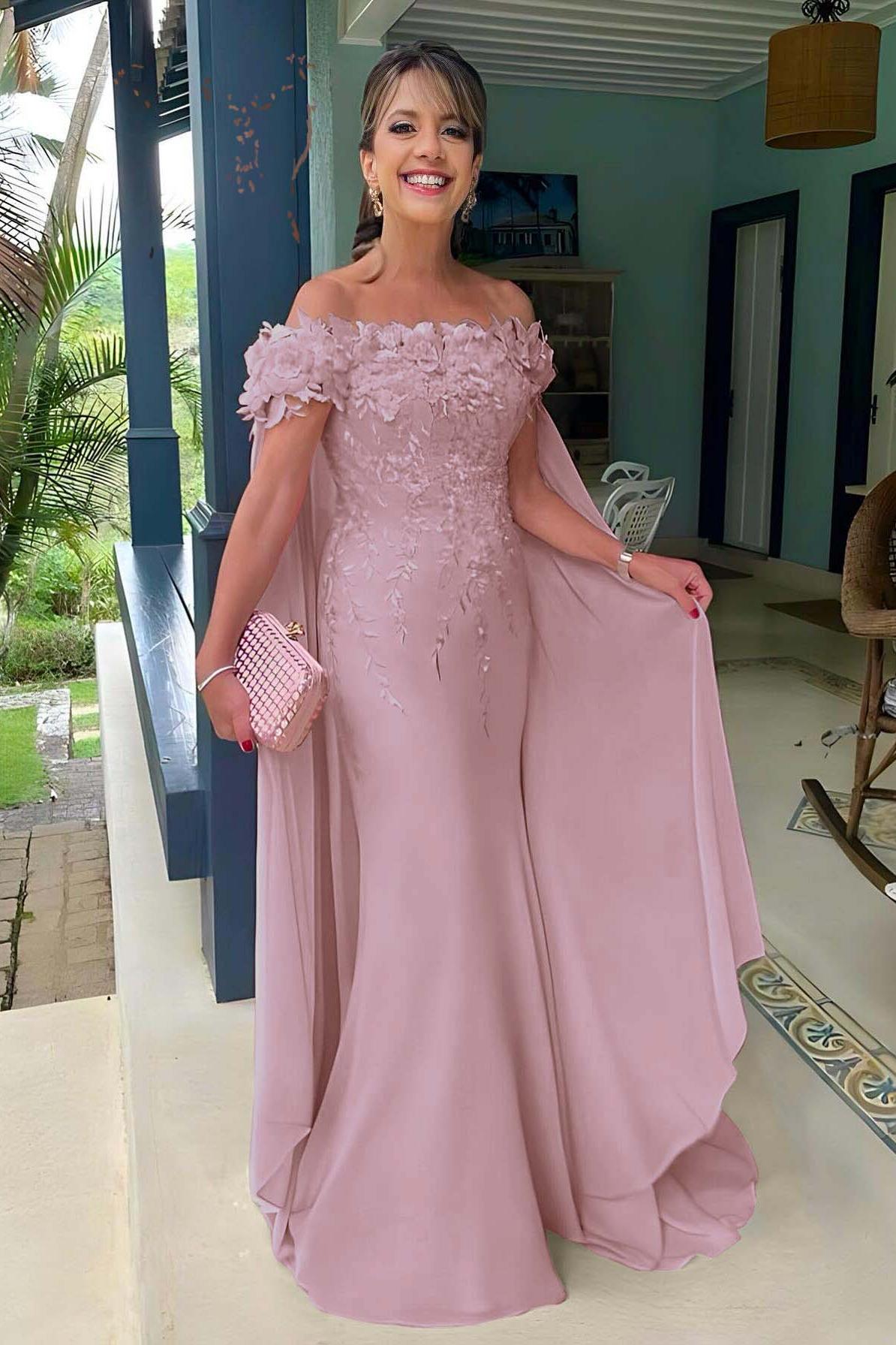 Pink Mermaid Prom Dress Cap Sleeve Off the Shoulder Formal Dress With 3D Flowers