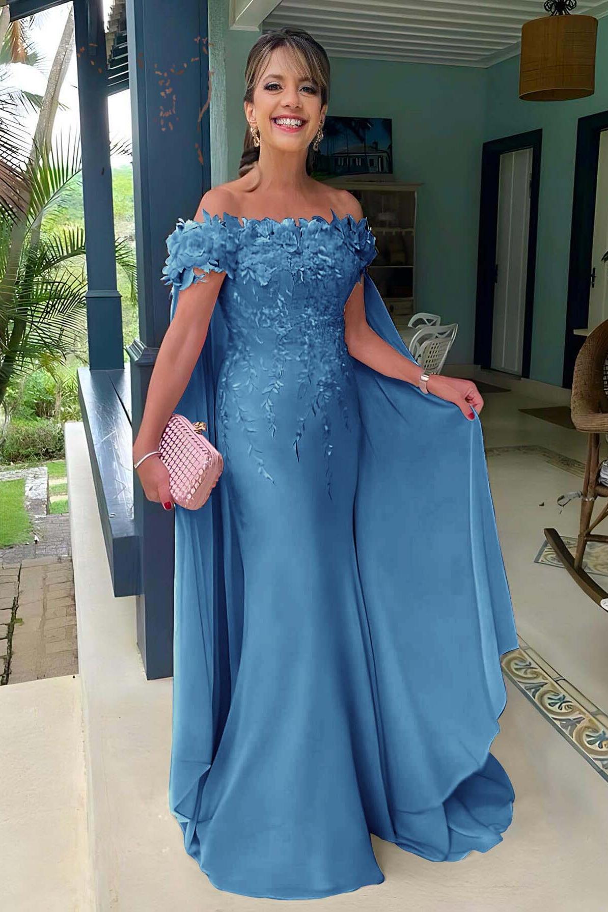 Pink Mermaid Prom Dress Cap Sleeve Off the Shoulder Formal Dress With 3D Flowers