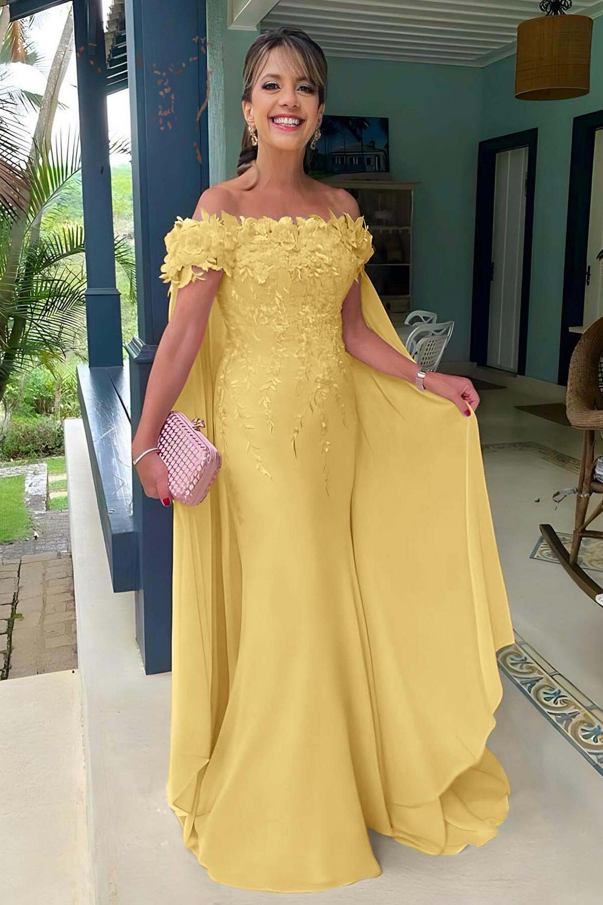 Pink Mermaid Prom Dress Cap Sleeve Off the Shoulder Formal Dress With 3D Flowers