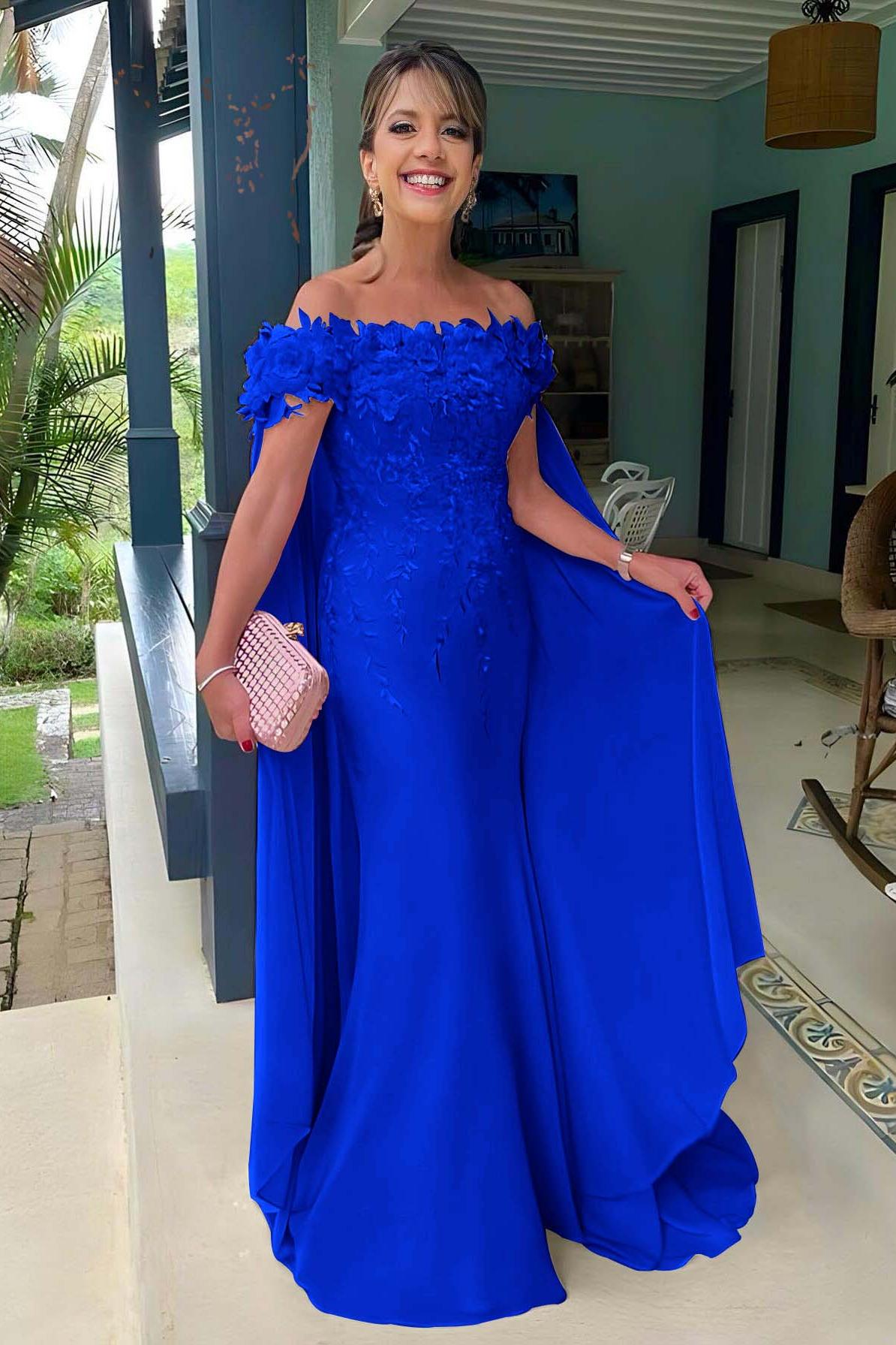 Pink Mermaid Prom Dress Cap Sleeve Off the Shoulder Formal Dress With 3D Flowers