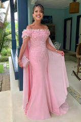 Pink Mermaid Prom Dress Cap Sleeve Off the Shoulder Formal Dress With 3D Flowers