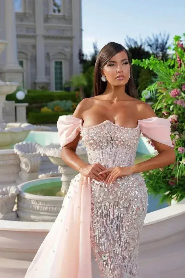 Pink Mermaid Prom Dress Cap Sleeve Off the Shoulder Formal Dress With Beadings and Rhinestones