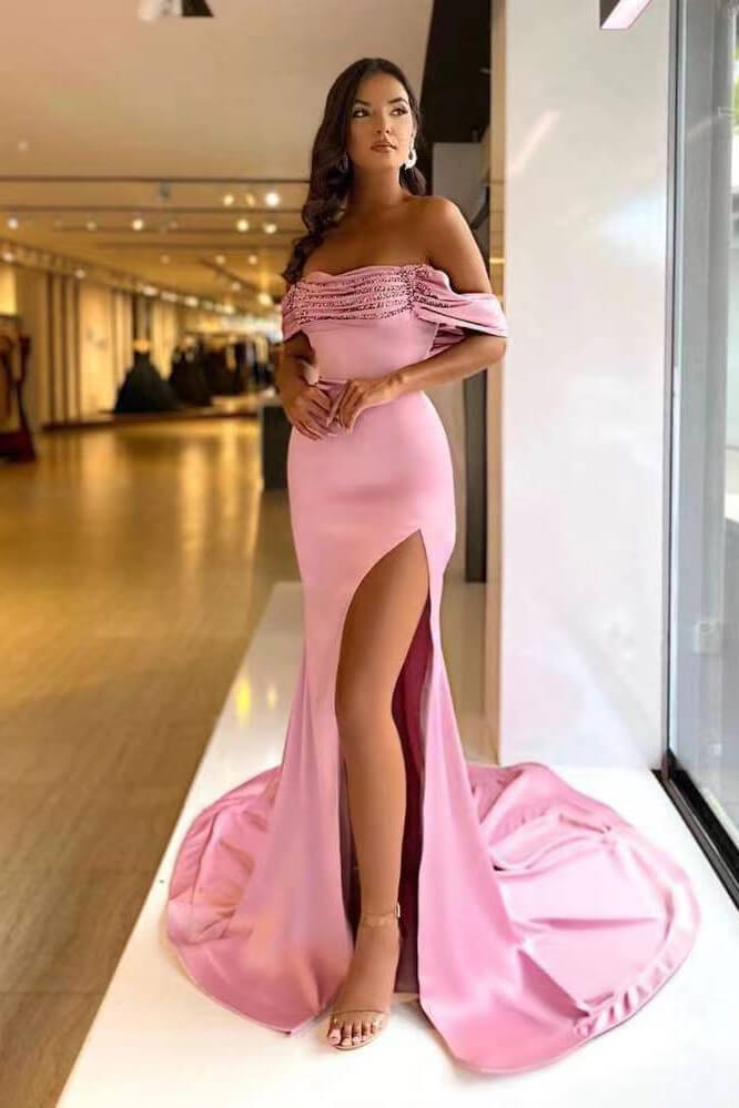 Pink Mermaid Prom Dress Cap Sleeve Off the Shoulder Satin Formal Dress With Sequins