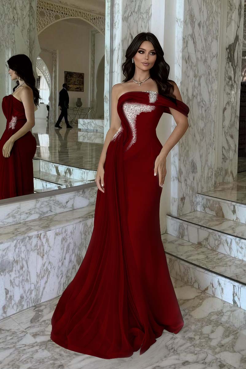 Pink Mermaid Prom Dress Cap Sleeve One Shoulder Formal Dress With Beadings and Rhinestones