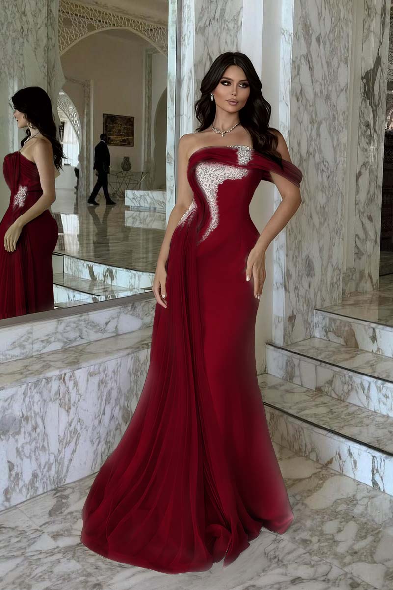Pink Mermaid Prom Dress Cap Sleeve One Shoulder Formal Dress With Beadings and Rhinestones