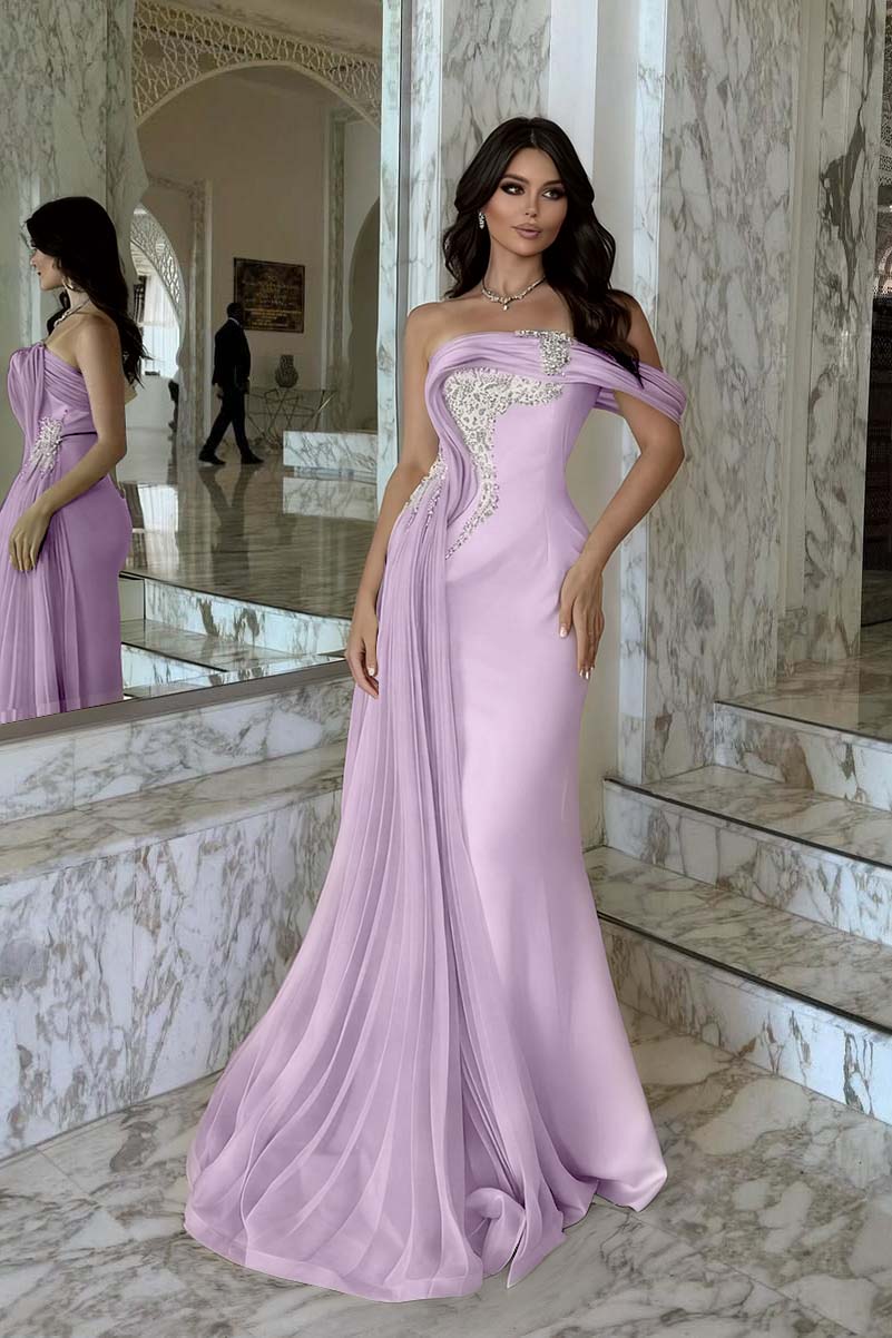 Pink Mermaid Prom Dress Cap Sleeve One Shoulder Formal Dress With Beadings and Rhinestones