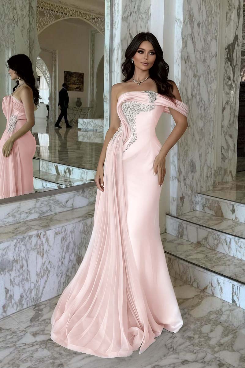 Pink Mermaid Prom Dress Cap Sleeve One Shoulder Formal Dress With Beadings and Rhinestones