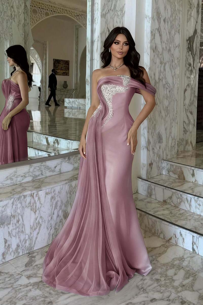 Pink Mermaid Prom Dress Cap Sleeve One Shoulder Formal Dress With Beadings and Rhinestones