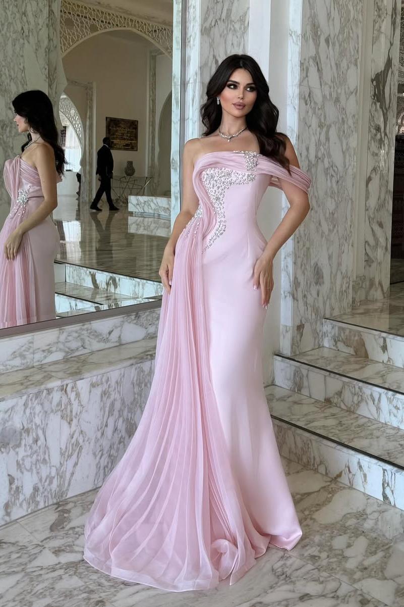 Pink Mermaid Prom Dress Cap Sleeve One Shoulder Formal Dress With Beadings and Rhinestones