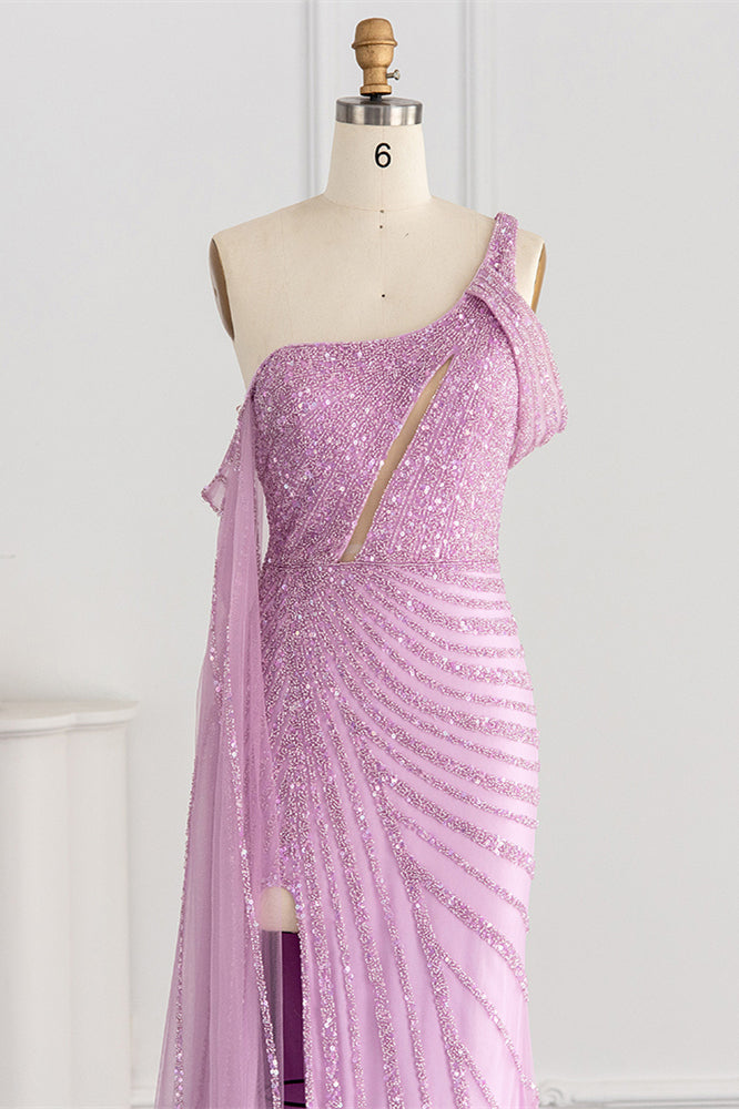 Pink Mermaid Prom Dress Cap Sleeve One Shoulder Formal Dress With Sequins