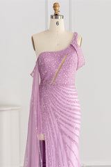 Pink Mermaid Prom Dress Cap Sleeve One Shoulder Formal Dress With Sequins