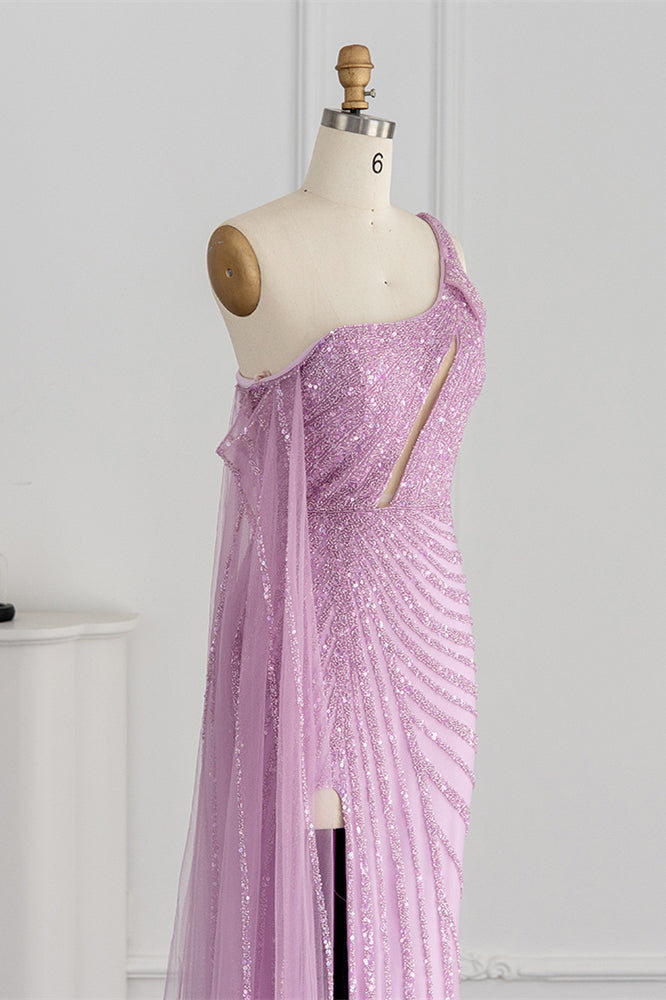 Pink Mermaid Prom Dress Cap Sleeve One Shoulder Formal Dress With Sequins