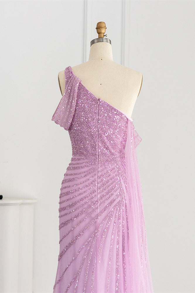 Pink Mermaid Prom Dress Cap Sleeve One Shoulder Formal Dress With Sequins