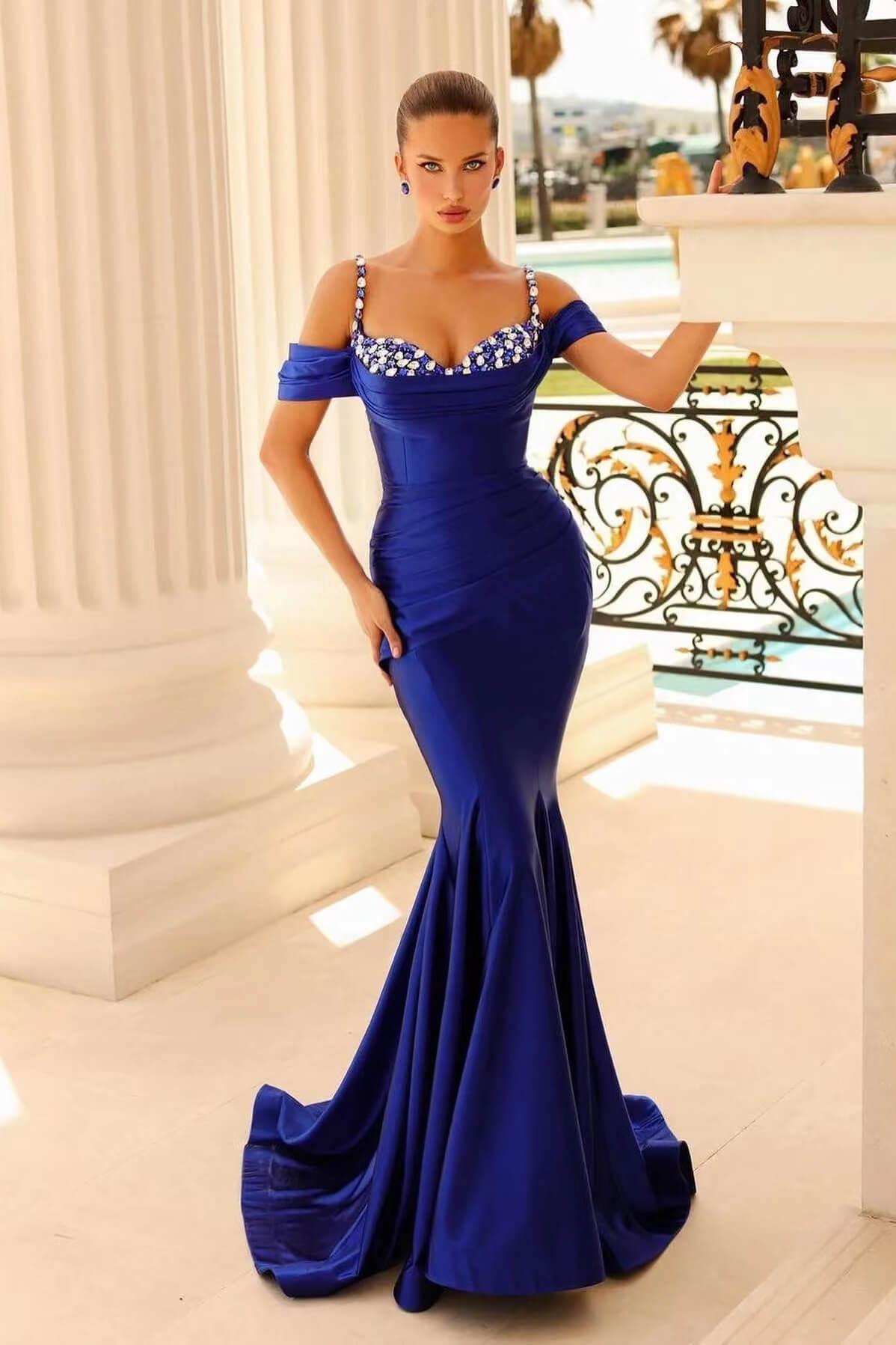 Pink Mermaid Prom Dress Cap Sleeve Spaghetti Straps Formal Dress With Beadings and Rhinestones