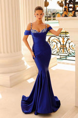 Pink Mermaid Prom Dress Cap Sleeve Spaghetti Straps Formal Dress With Beadings and Rhinestones