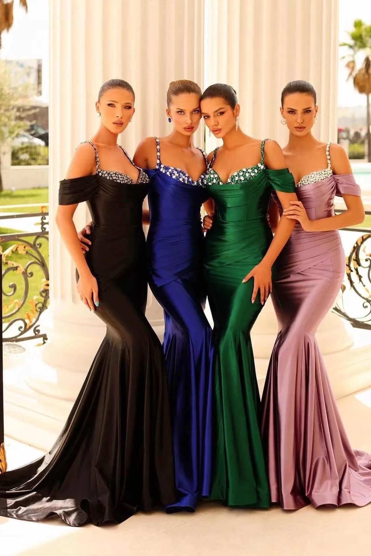 Pink Mermaid Prom Dress Cap Sleeve Spaghetti Straps Formal Dress With Beadings and Rhinestones