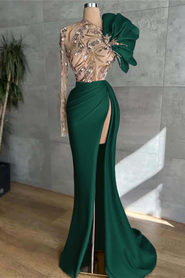 Pink Mermaid Prom Dress Long Sleeve Asymmetric Neck Formal Dress With Beadings and Rhinestones