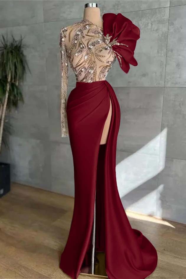 Pink Mermaid Prom Dress Long Sleeve Asymmetric Neck Formal Dress With Beadings and Rhinestones