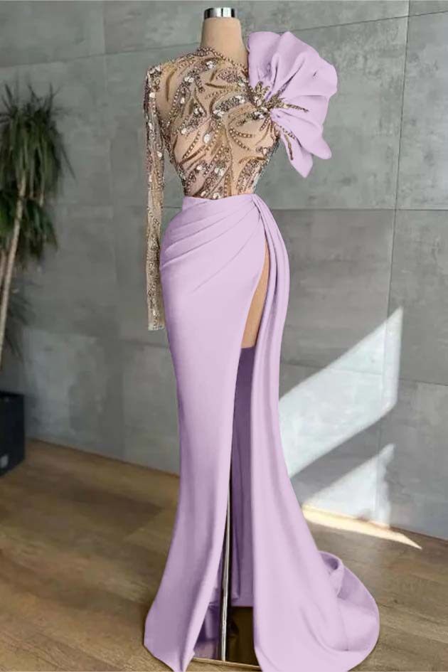 Pink Mermaid Prom Dress Long Sleeve Asymmetric Neck Formal Dress With Beadings and Rhinestones