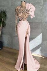 Pink Mermaid Prom Dress Long Sleeve Asymmetric Neck Formal Dress With Beadings and Rhinestones