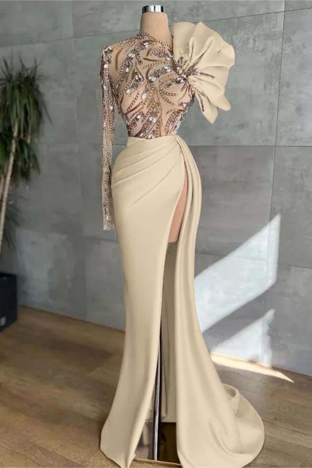 Pink Mermaid Prom Dress Long Sleeve Asymmetric Neck Formal Dress With Beadings and Rhinestones