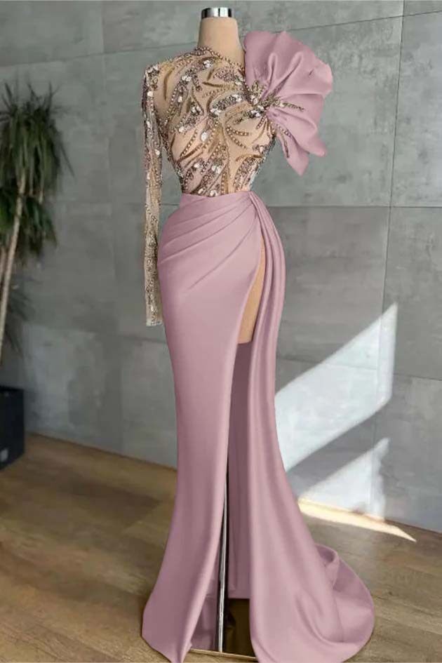 Pink Mermaid Prom Dress Long Sleeve Asymmetric Neck Formal Dress With Beadings and Rhinestones