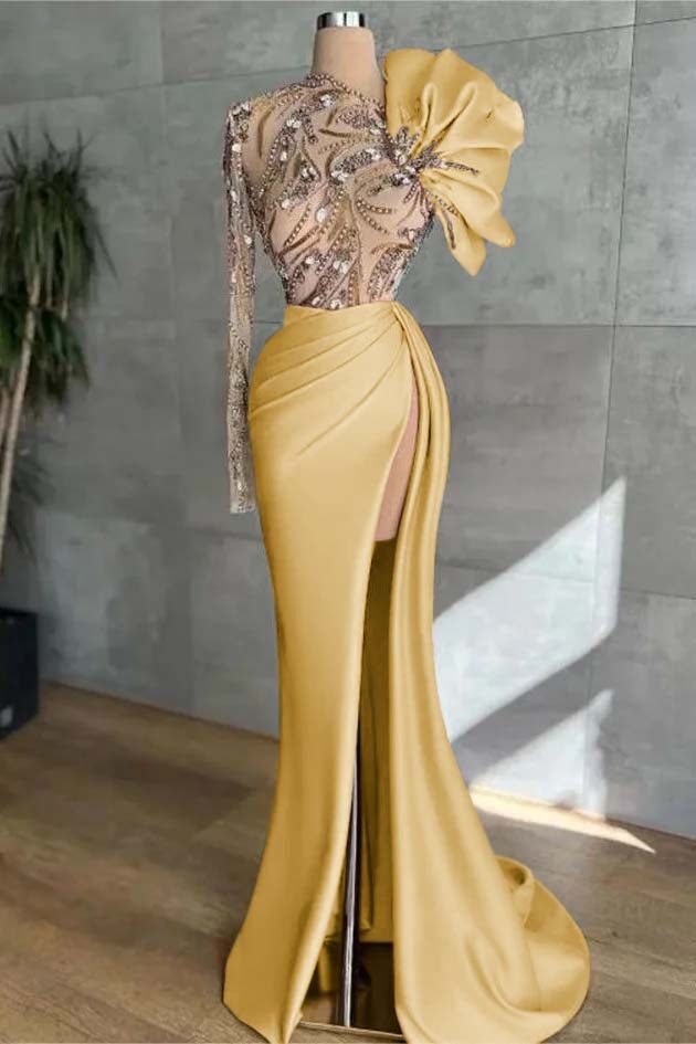 Pink Mermaid Prom Dress Long Sleeve Asymmetric Neck Formal Dress With Beadings and Rhinestones